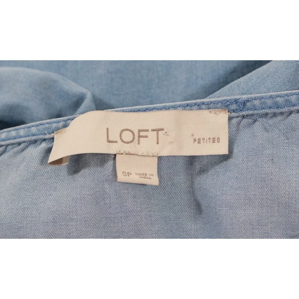 LOFT Blouse Womens SP Blue Chambray Lyocell Tie Front Button‎ V-Neck Top Boho